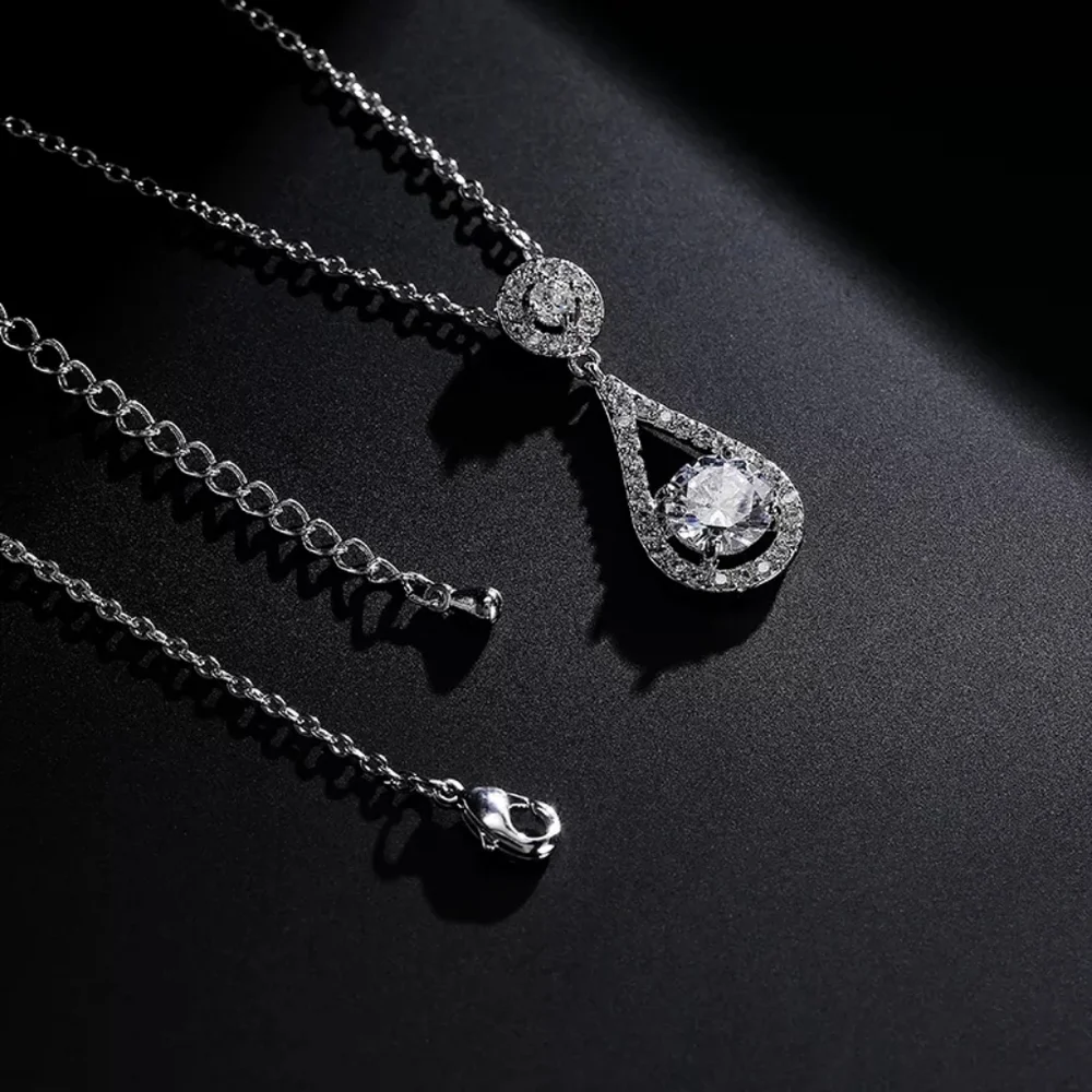 Elegant Silver Tear Drop White Diamond Necklace - Picture 2 of 4